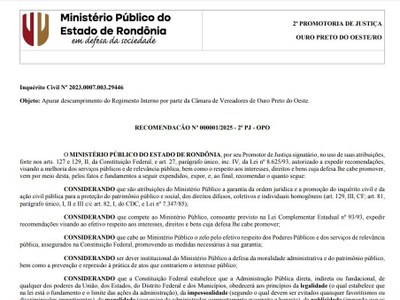 Imagem Recomendação Número 01 de 2025 do Ministério Público do Estado de Rondônia